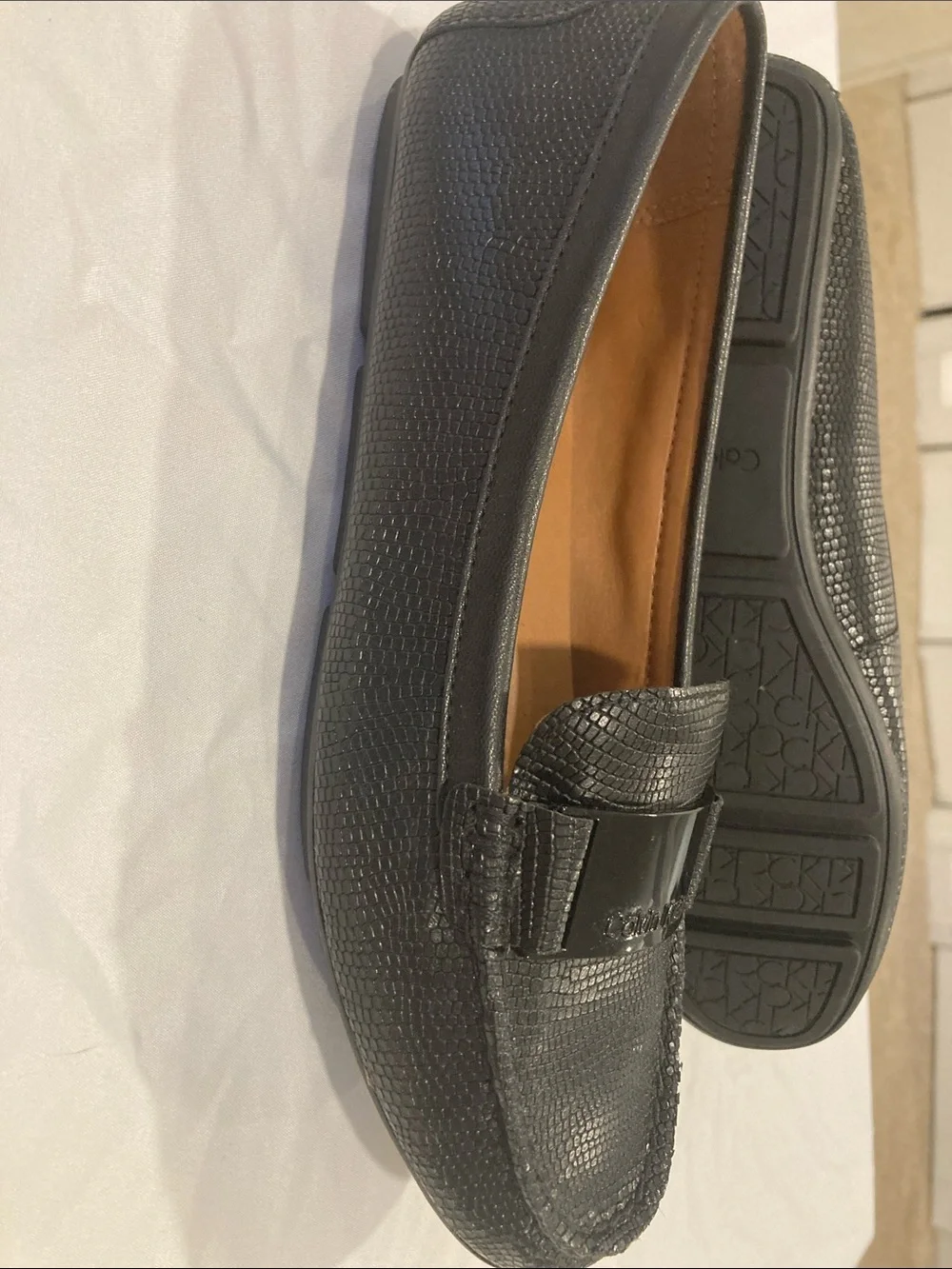Calvin Klein Black Women's Textured Loafers with Logo Plaque